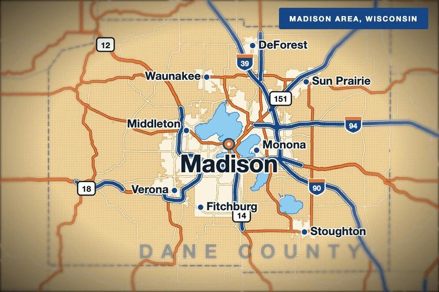 Business brokers Madison WI service area map of Dane County.